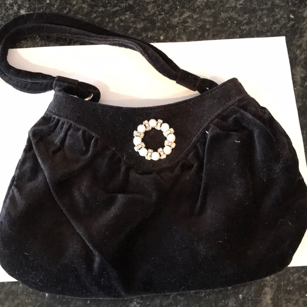 Black velvet handbag purse clutch pearl rhinestones